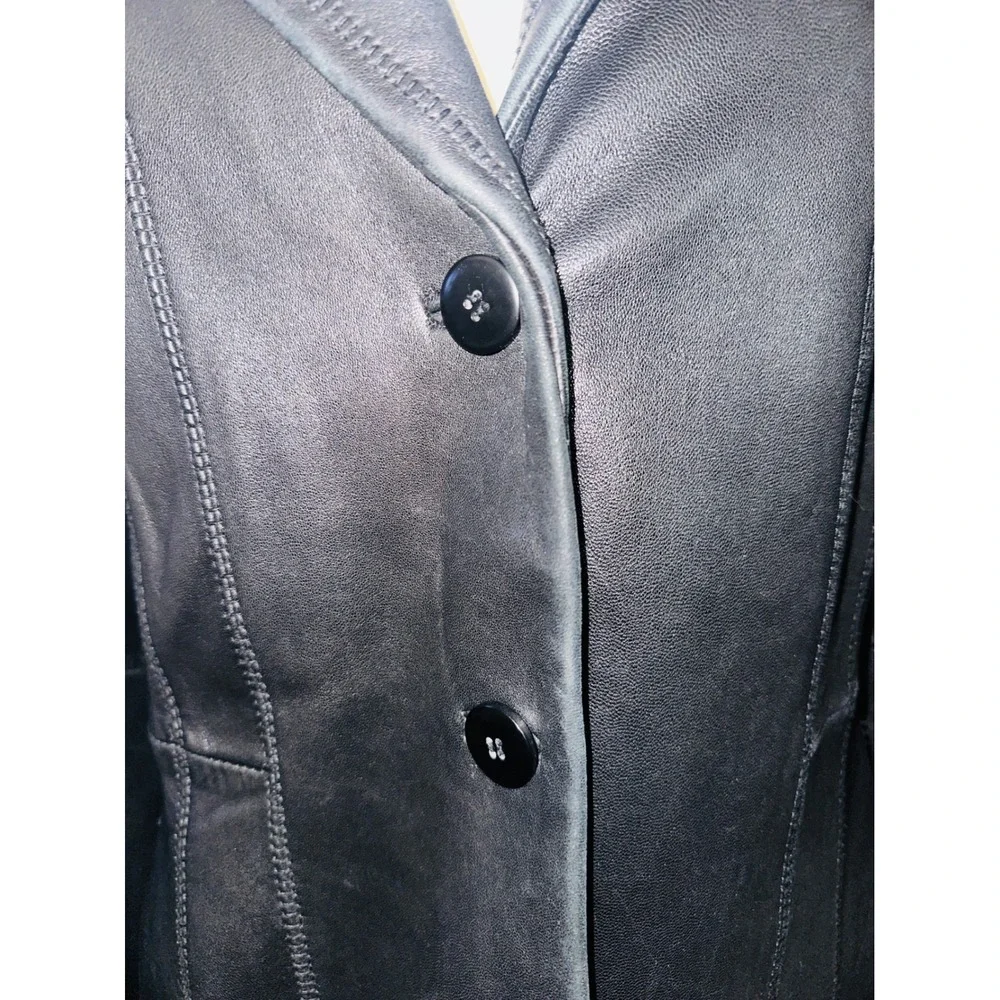 Avanti New York Black Leather Blazer Jacket Whipstitch 3 Button Womens M A6